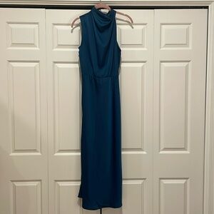 Pretty Garden satin sleeveless cocktail maxi dress. Dark blue/green color.